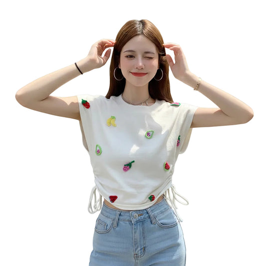 Women’s Embroidered Tank Top Floral Pattern Sleeveless Round Neck Straight Fit White