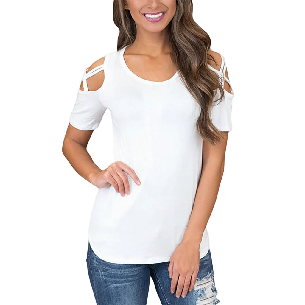 Women’s Printed T Shirt Slim Fit Round Neck Short Sleeve Hollow Design