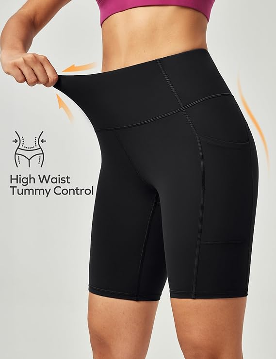 Biker Shorts Women Tummy Control Workout Shorts with 3 Pockets High Waisted Compression Gym Running Yoga Shorts Women