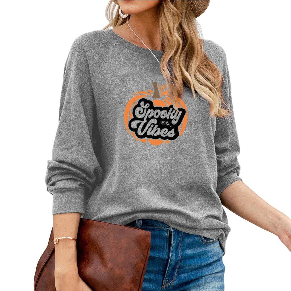 Women’s Halloween Pumpkin Print T Shirt Loose Fit Long Sleeve Cotton Casual Style