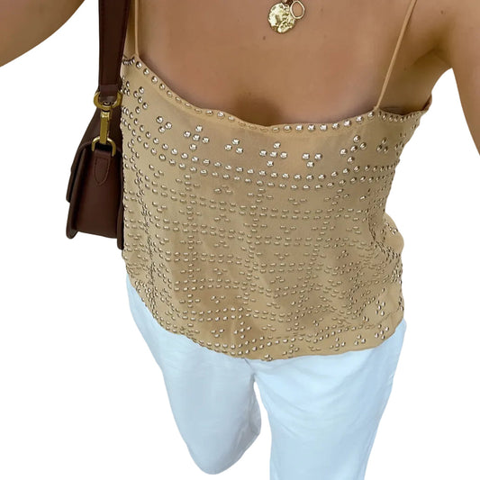 Women’s Backless Tank Top Plaid Pattern Slim Fit Sleeveless Light Brown