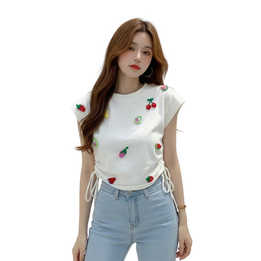 Women’s Embroidered Tank Top Floral Pattern Sleeveless Round Neck Straight Fit White