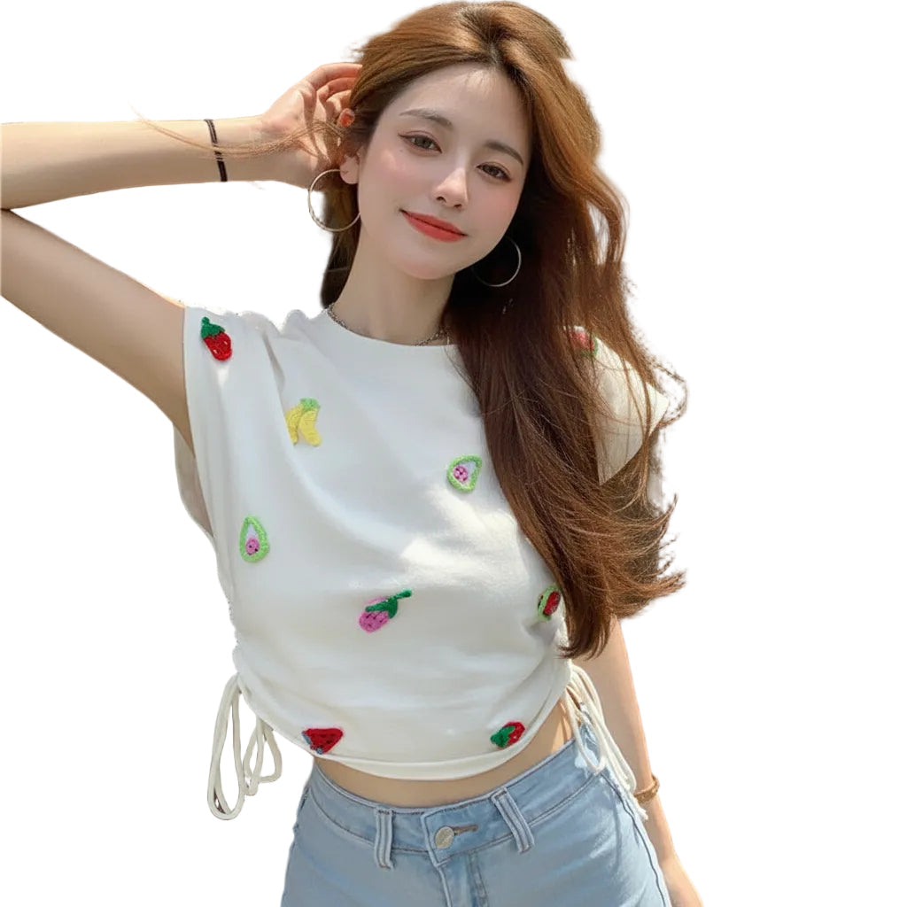 Women’s Embroidered Tank Top Floral Pattern Sleeveless Round Neck Straight Fit White