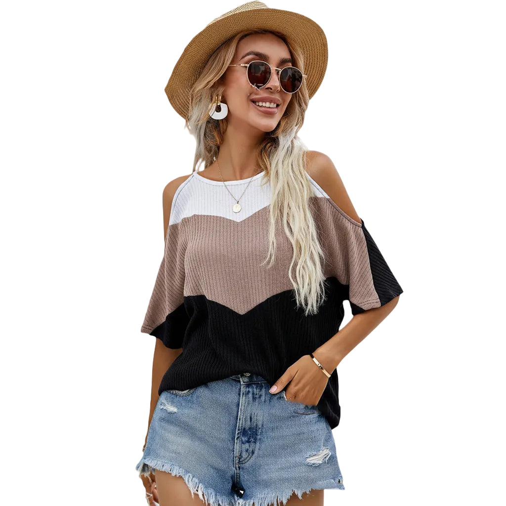 Women’s Geometric Panel T Shirt Short Sleeve Polyester Pullover Multicolor