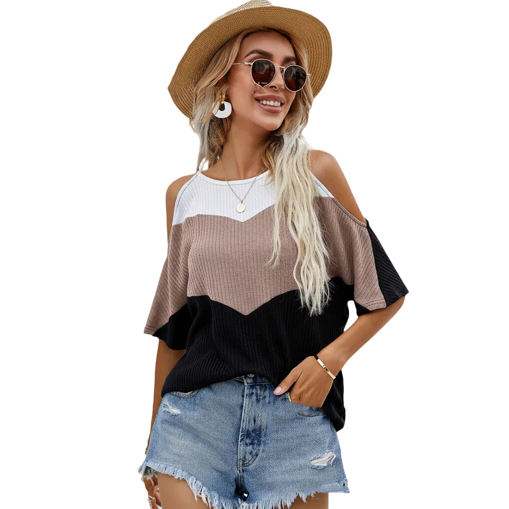 Women’s Geometric Panel T Shirt Short Sleeve Polyester Pullover Multicolor