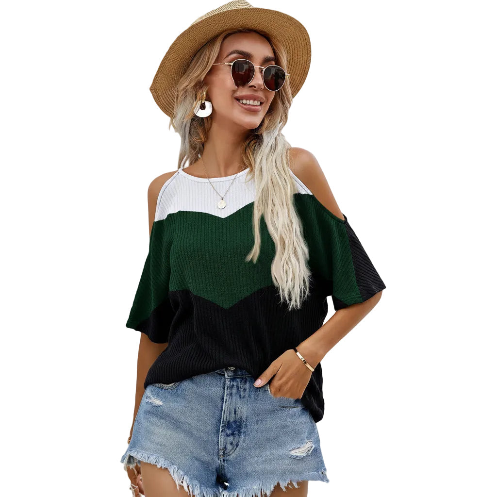 Women’s Geometric Panel T Shirt Short Sleeve Polyester Pullover Multicolor