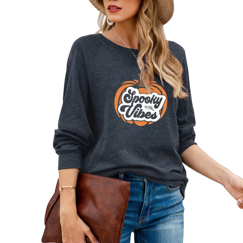 Women’s Halloween Pumpkin Print T Shirt Loose Fit Long Sleeve Cotton Casual Style