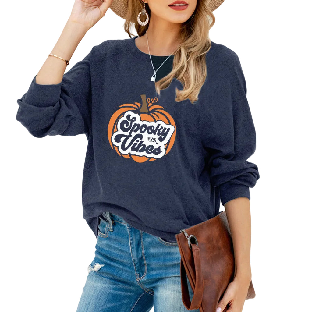 Women’s Halloween Pumpkin Print T Shirt Loose Fit Long Sleeve Cotton Casual Style