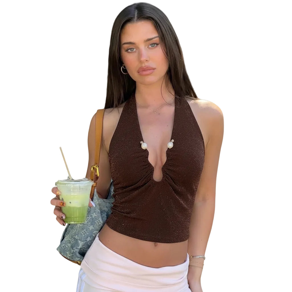 Women’s Halter Neck Tank Top Lace Up Slim Fit Double Strap Short Length