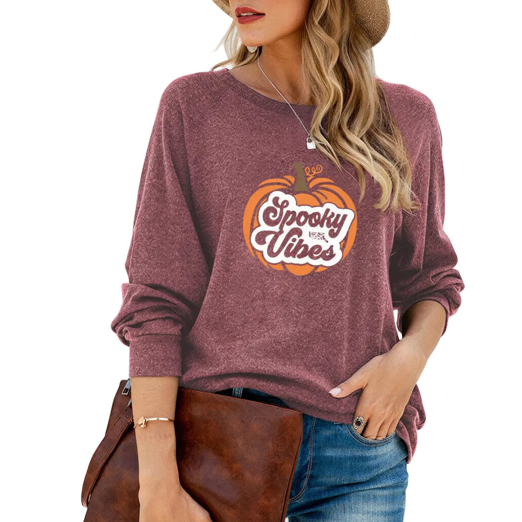 Women’s Halloween Pumpkin Print T Shirt Loose Fit Long Sleeve Cotton Casual Style