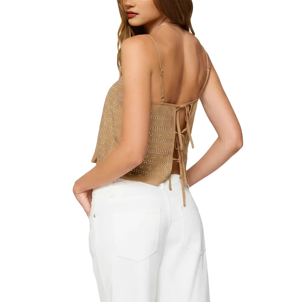 Women’s Backless Tank Top Plaid Pattern Slim Fit Sleeveless Light Brown