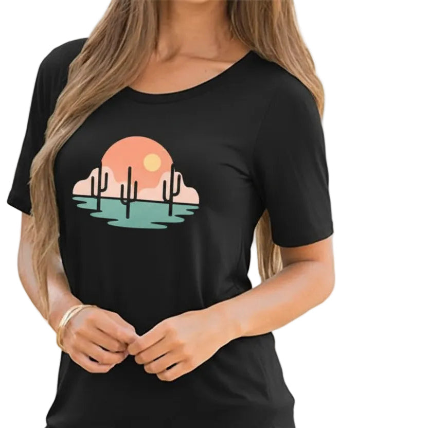 Women’s Printed T Shirt Slim Fit Round Neck Short Sleeve Hollow Design