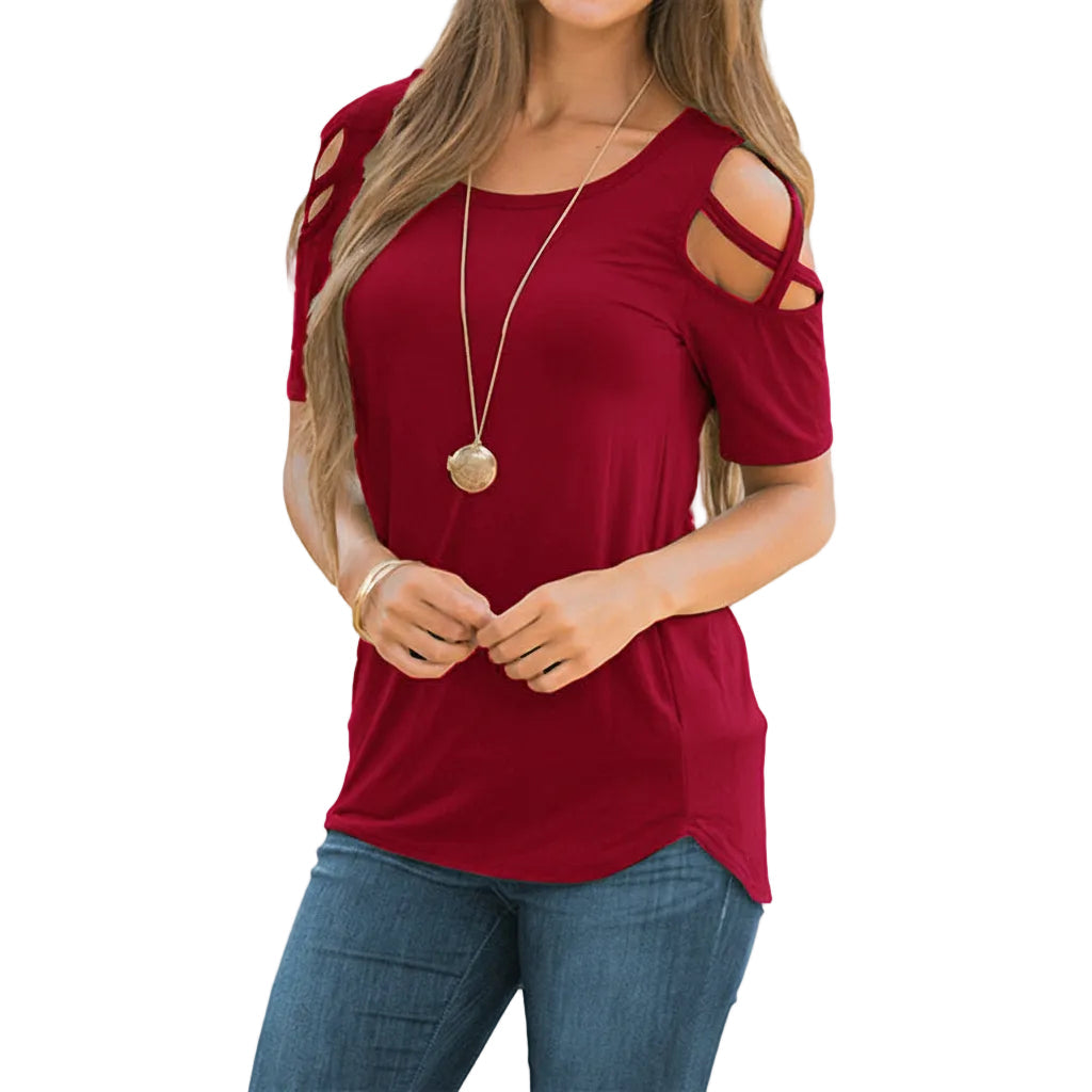 Women’s Printed T Shirt Slim Fit Round Neck Short Sleeve Hollow Design