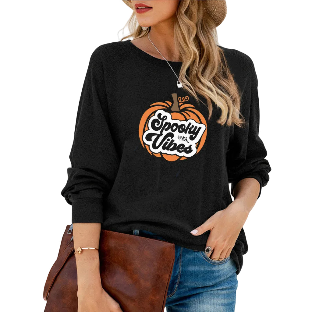 Women’s Halloween Pumpkin Print T Shirt Loose Fit Long Sleeve Cotton Casual Style