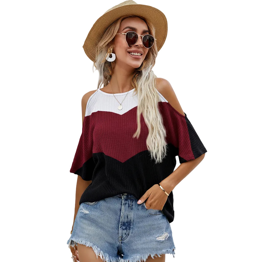 Women’s Geometric Panel T Shirt Short Sleeve Polyester Pullover Multicolor