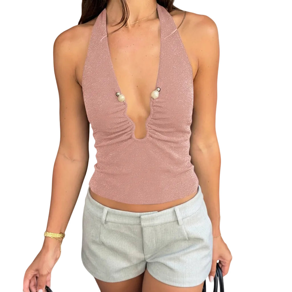 Women’s Halter Neck Tank Top Lace Up Slim Fit Double Strap Short Length