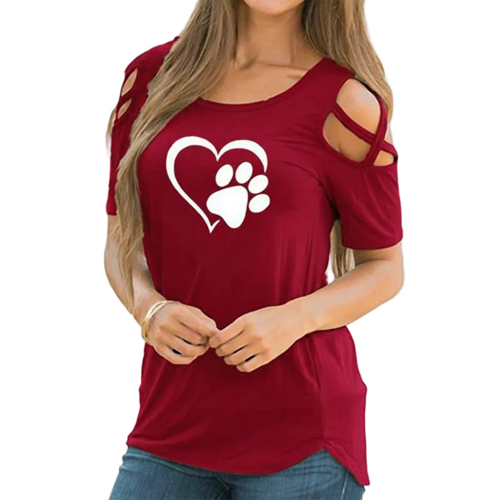 Women’s Printed T Shirt Slim Fit Round Neck Short Sleeve Hollow Design
